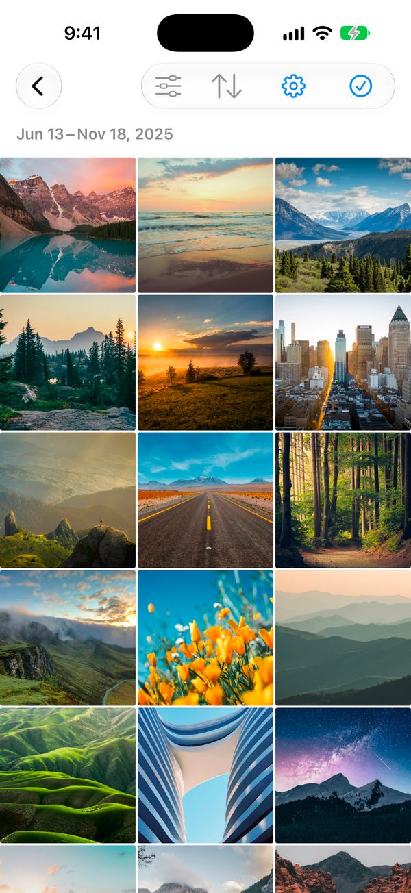 Photo grid showing a library of landscape photos