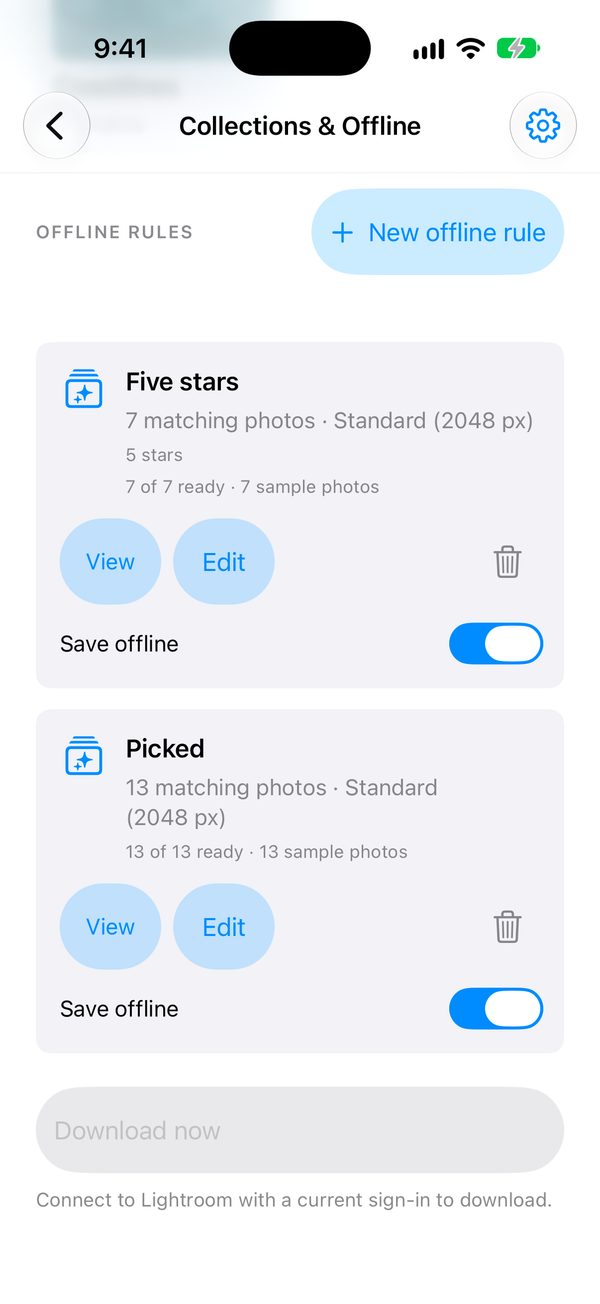 Offline rules for five-star and picked photos